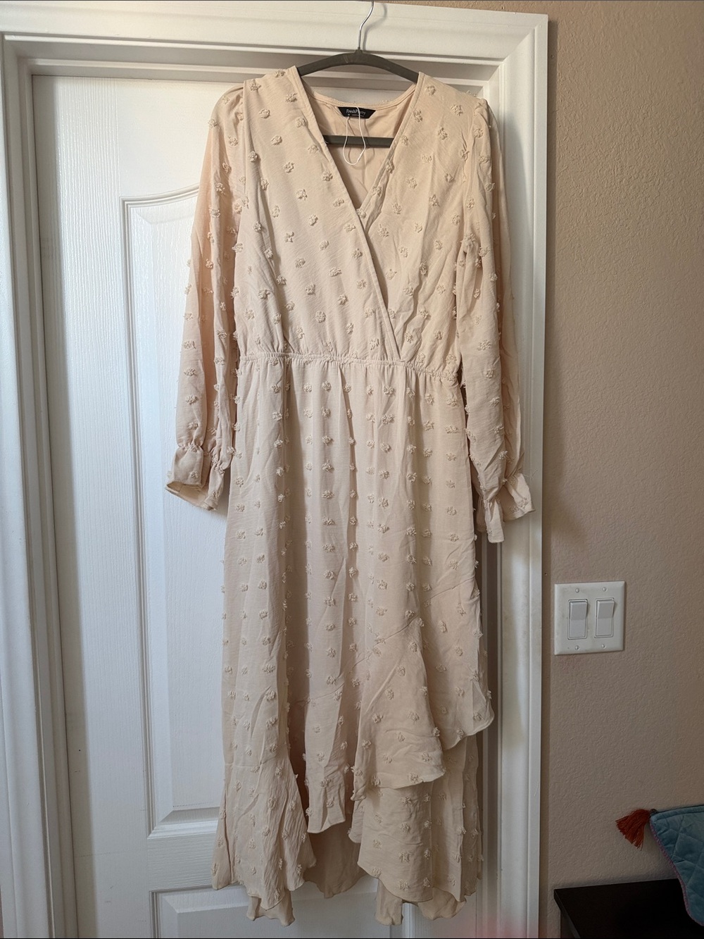 Beige Textured High-Low Wrap Dress
